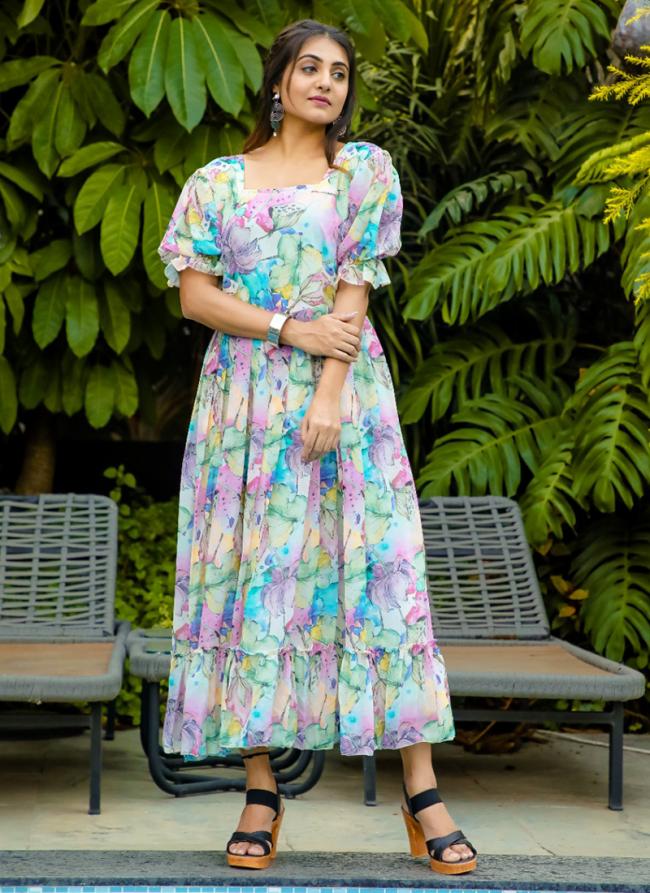 Georgette Multi Colour Party Wear Printed Readymade Maxi Dress